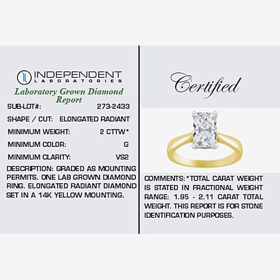 (G / VS2) Womens 2 CT. Lab-Grown White Diamond 14K Gold Radiant-cut Solitaire Engagement Ring