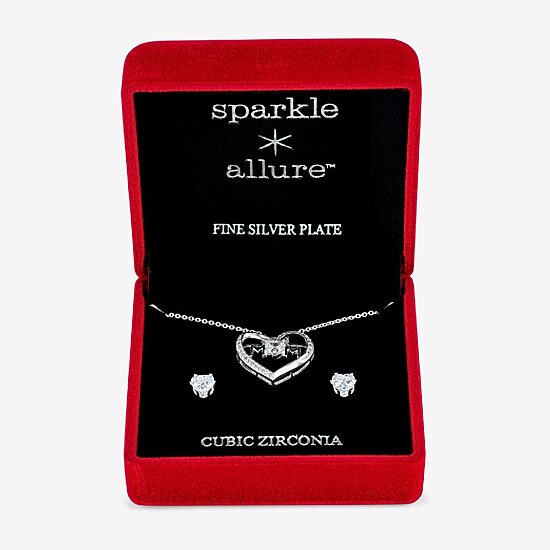 Sparkle Allure Light Up Box Womens Cubic Zirconia Pure Silver Over Brass Heart 2-pc. Jewelry Set