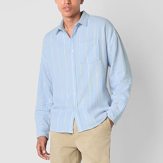 Arizona Mens Long Sleeve Striped Button-Down Textured Shirt