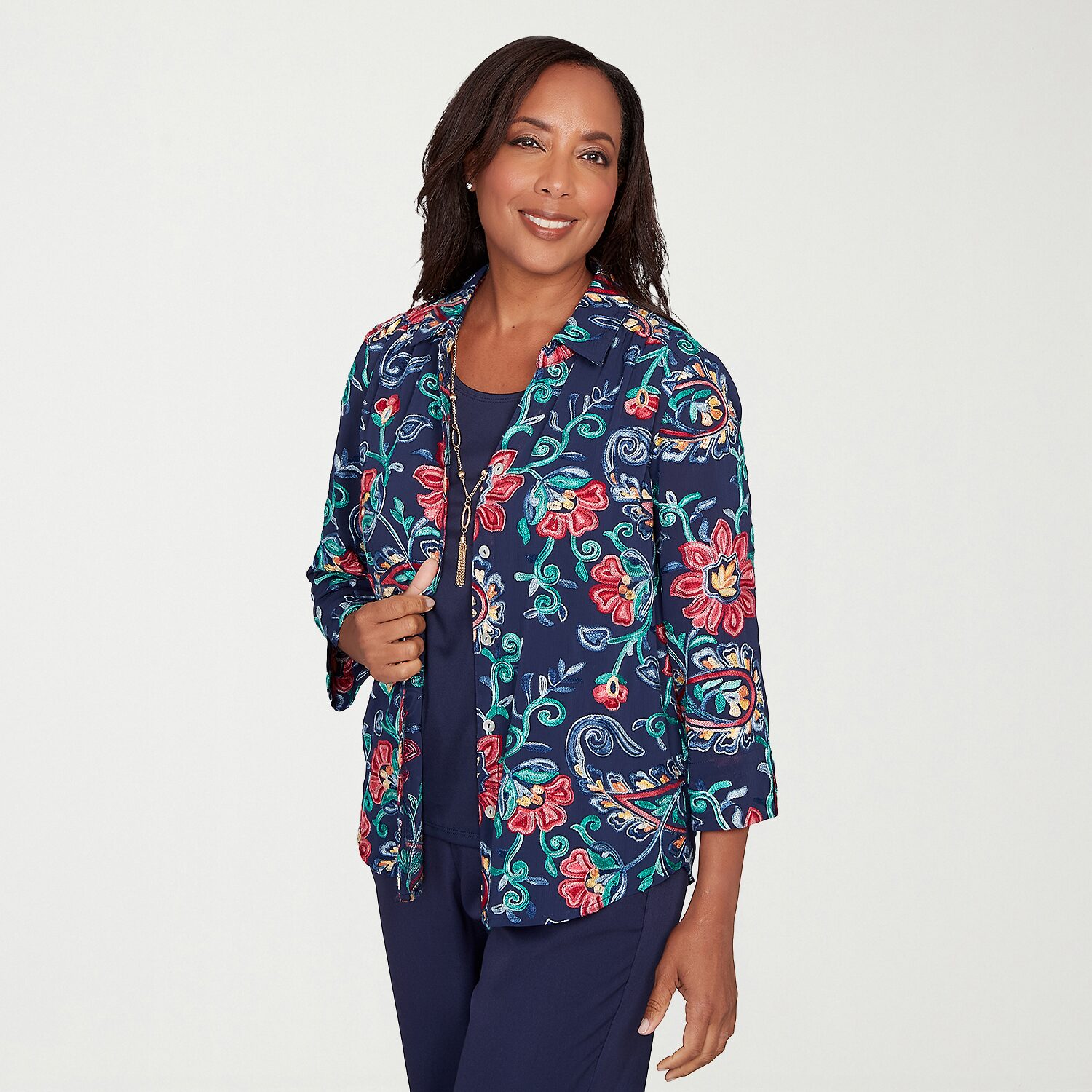 Alfred Dunner Saratoga Springs Womens Round Neck 3/4 Sleeve Layered Top