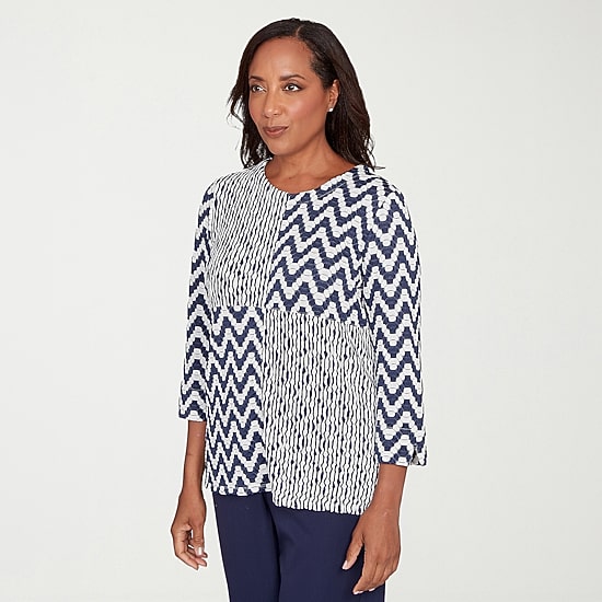 Alfred Dunner Saratoga Springs Womens Crew Neck 3/4 Sleeve T-Shirt