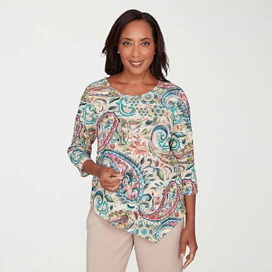 Alfred Dunner Saratoga Springs Womens Crew Neck 3/4 Sleeve T-Shirt