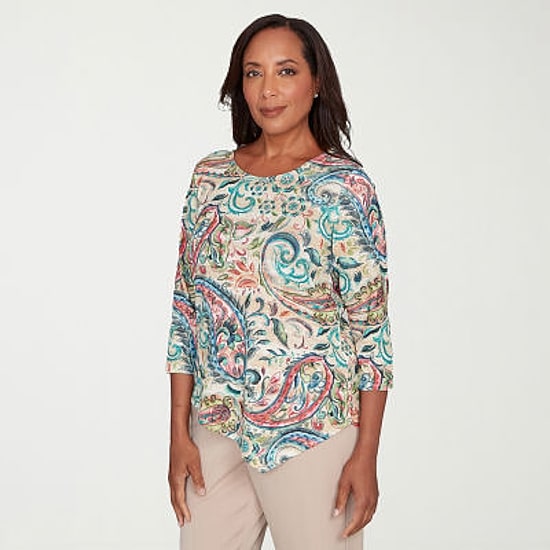 Alfred Dunner Saratoga Springs Womens Crew Neck 3/4 Sleeve T-Shirt
