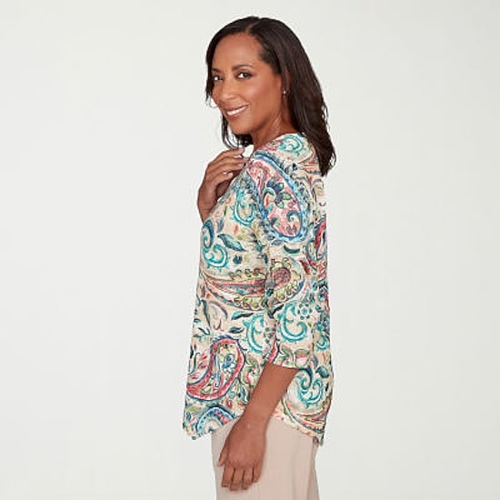 Alfred Dunner Saratoga Springs Womens Crew Neck 3/4 Sleeve T-Shirt