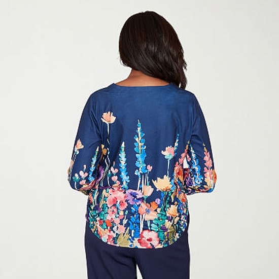 Alfred Dunner Saratoga Springs Womens Keyhole Neck 3/4 Sleeve T-Shirt