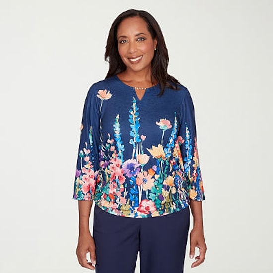 Alfred Dunner Saratoga Springs Womens Keyhole Neck 3/4 Sleeve T-Shirt