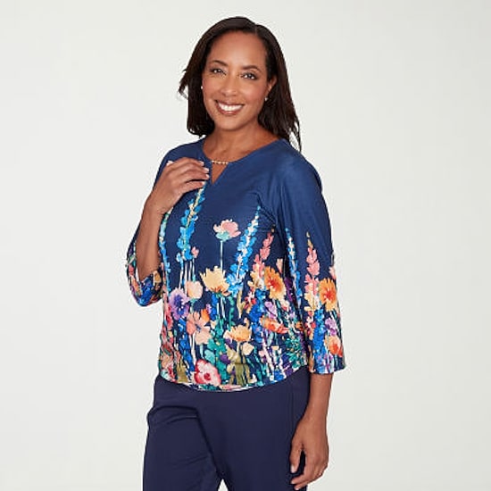 Alfred Dunner Saratoga Springs Womens Keyhole Neck 3/4 Sleeve T-Shirt