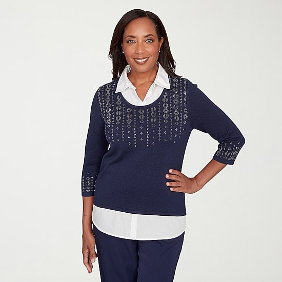 Alfred Dunner Saratoga Springs Womens 3/4 Sleeve Layered Sweater
