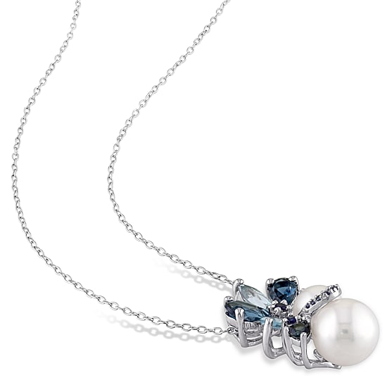 Cultured Freshwater Pearl, Genuine London and Sky Blue Topaz Pendant Necklace