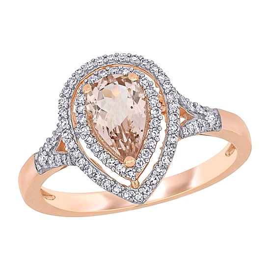 Womens 1/4 CT. T.W. Genuine Pink Morganite 14K Gold Pear Halo Engagement Ring