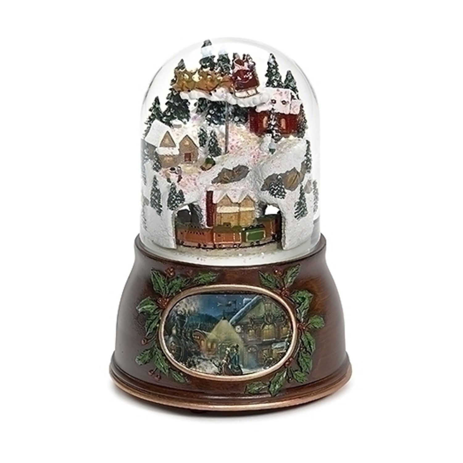 Roman Musical Village In Winter With Rotating Santa And Train Christmas Snow Globe