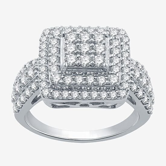 Womens 1 1/2 CT. T.W. Lab Grown White Diamond Sterling Silver Cushion Halo Side Stone Cocktail Ring