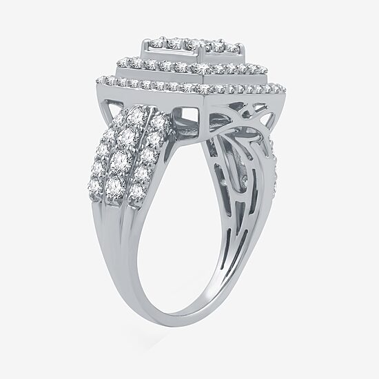 Womens 1 1/2 CT. T.W. Lab Grown White Diamond Sterling Silver Cushion Halo Side Stone Cocktail Ring