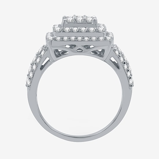 Womens 1 1/2 CT. T.W. Lab Grown White Diamond Sterling Silver Cushion Halo Side Stone Cocktail Ring