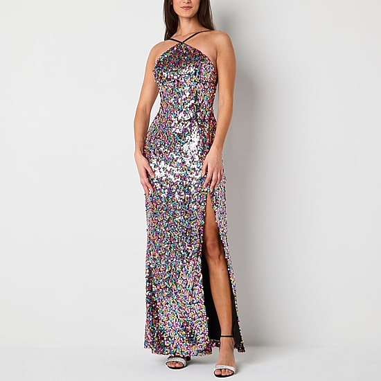 VIOLET WEEKEND Womens Juniors Halter Neck Sleeveless Sequin Bodycon Dress