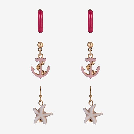 Arizona Gold Tone Starfish Womens Anchor 3 Pair Earring Set
