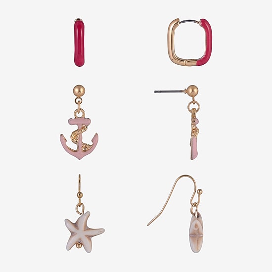 Arizona Gold Tone Starfish Womens Anchor 3 Pair Earring Set