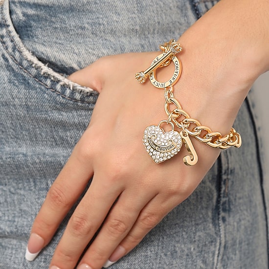 Juicy By Juicy Couture Gold Tone Toggle Womens Crystal Heart Charm Bracelet