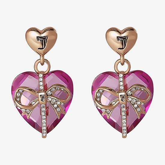 Juicy By Juicy Couture Gold Tone Womens Pink Crystal Bow Heart Drop Earrings