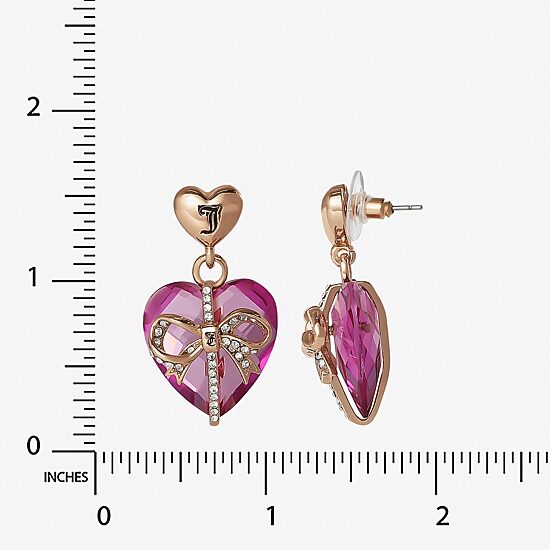 Juicy By Juicy Couture Gold Tone Womens Pink Crystal Bow Heart Drop Earrings