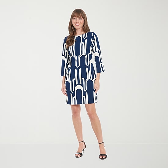 Clover And Sloane Womens V Neck 3/4 Sleeve Geometric Shift Dress
