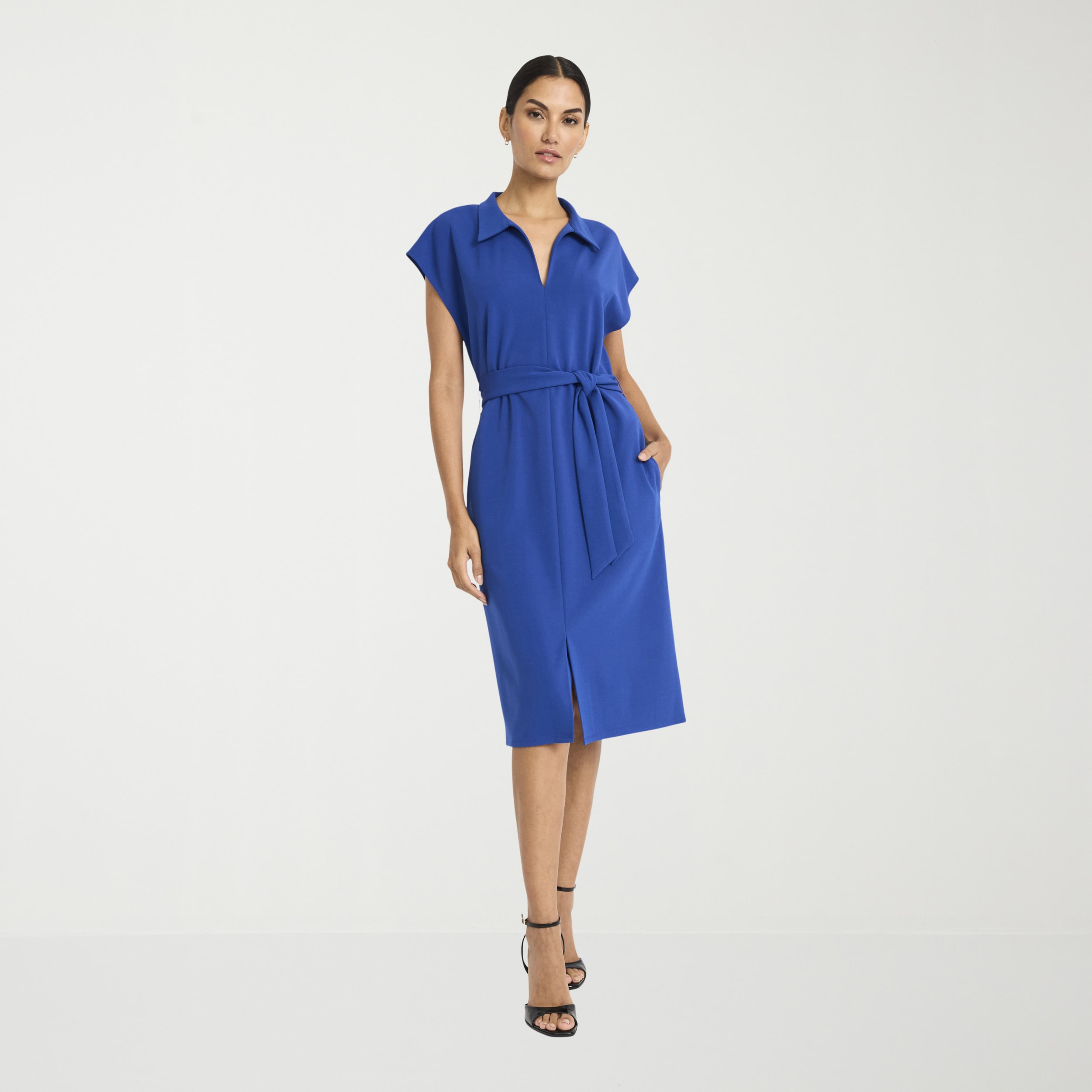Clover And Sloane Womens Midi V Neck Sleeveless Cap Fit + Flare Dress