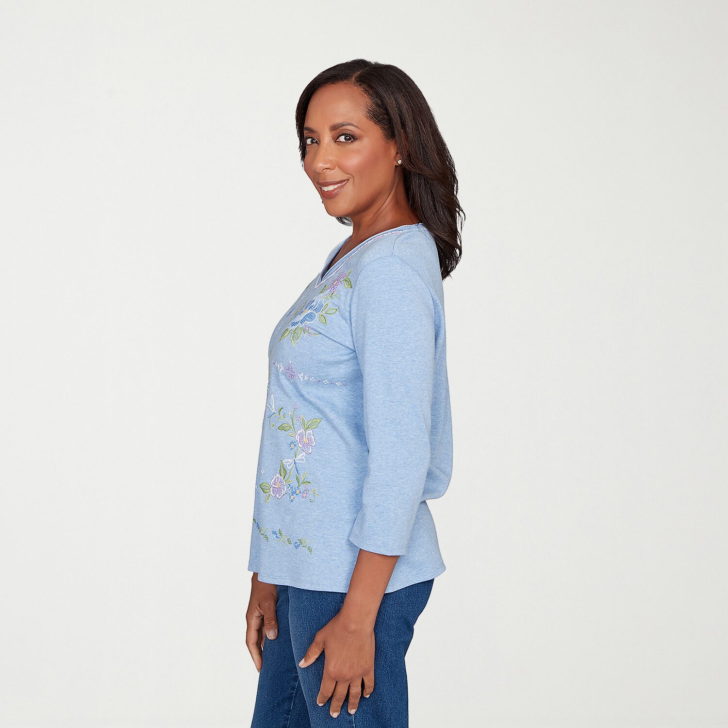 Alfred Dunner Hilton Head Womens V Neck 3/4 Sleeve T-Shirt