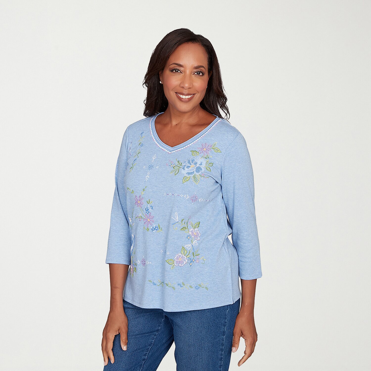 Alfred Dunner Hilton Head Womens V Neck 3/4 Sleeve T-Shirt