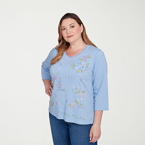Alfred Dunner Womens Plus V Neck 3/4 Sleeve T-Shirt