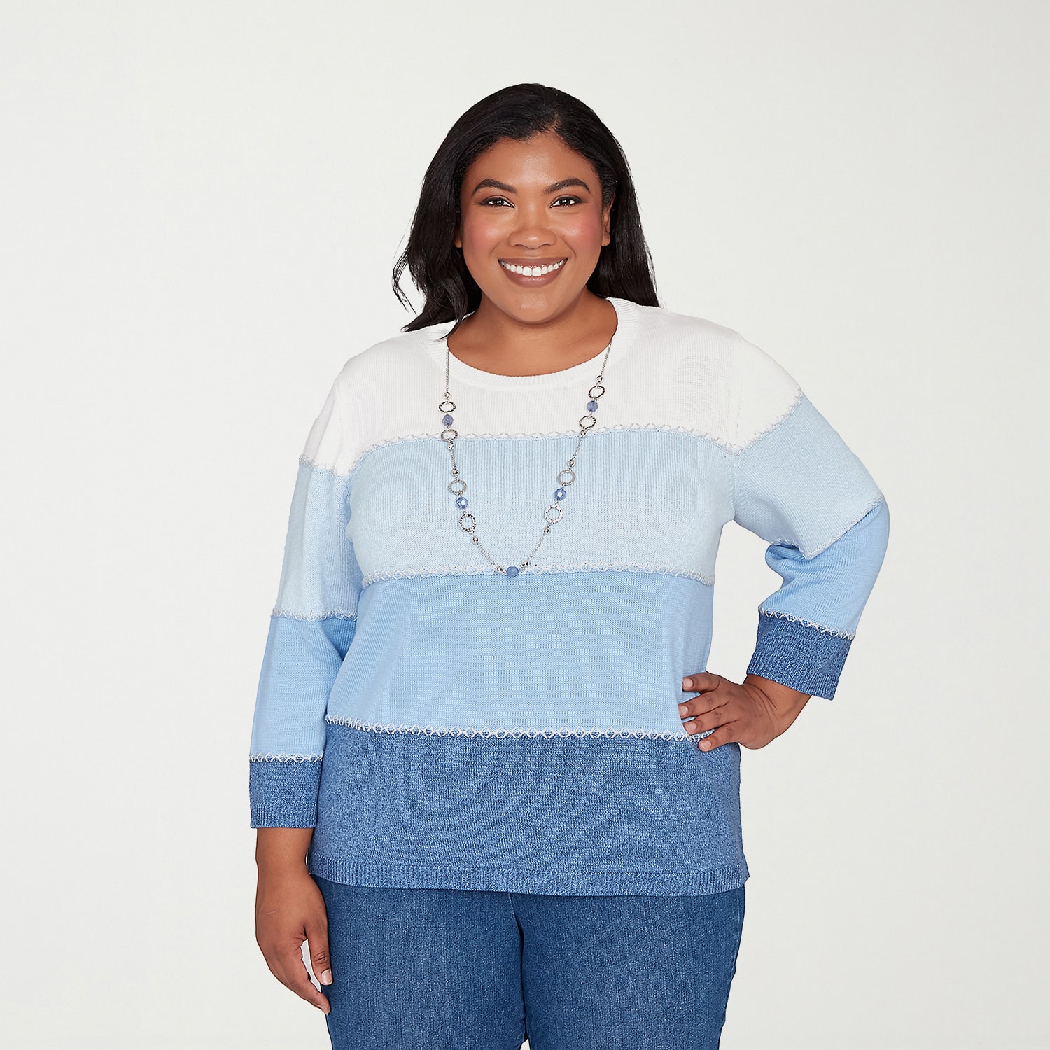 Alfred Dunner Plus Hilton Head Womens Crew Neck 3/4 Sleeve Ombre Pullover Sweater