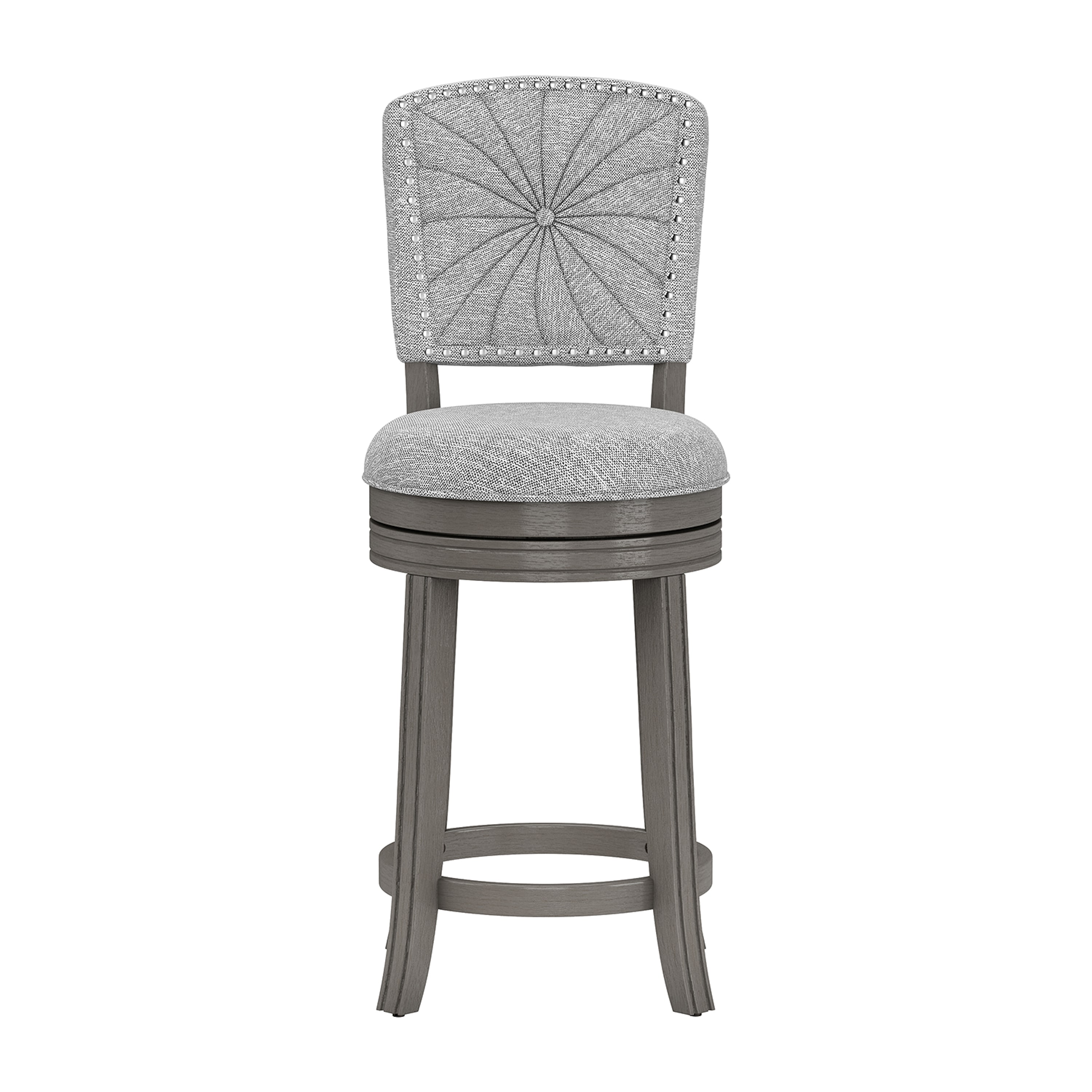 A gray swivel bar stool with patterned back and upholstered seat on a plain background.