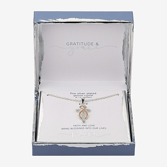 Gratitude & Grace Faith Womens Crystal Pure Silver Over Brass Cross Heart Infinity 16 Inch Pendant Necklace
