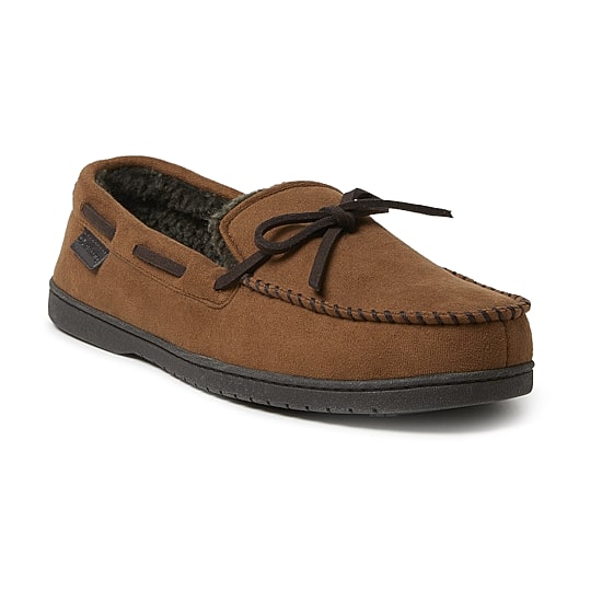 Dearfoams Mens Toby Microsuede Moccasin with Tie and Whipstitch Slippers