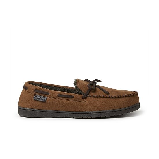Dearfoams Mens Toby Microsuede Moccasin with Tie and Whipstitch Slippers