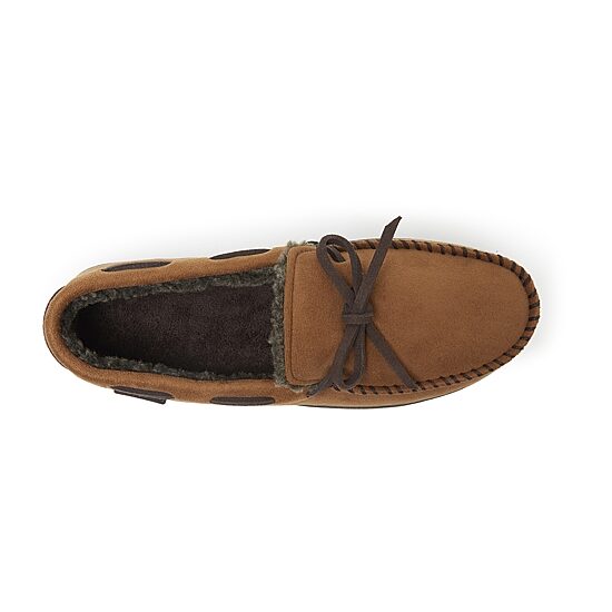 Dearfoams Mens Toby Microsuede Moccasin with Tie and Whipstitch Slippers
