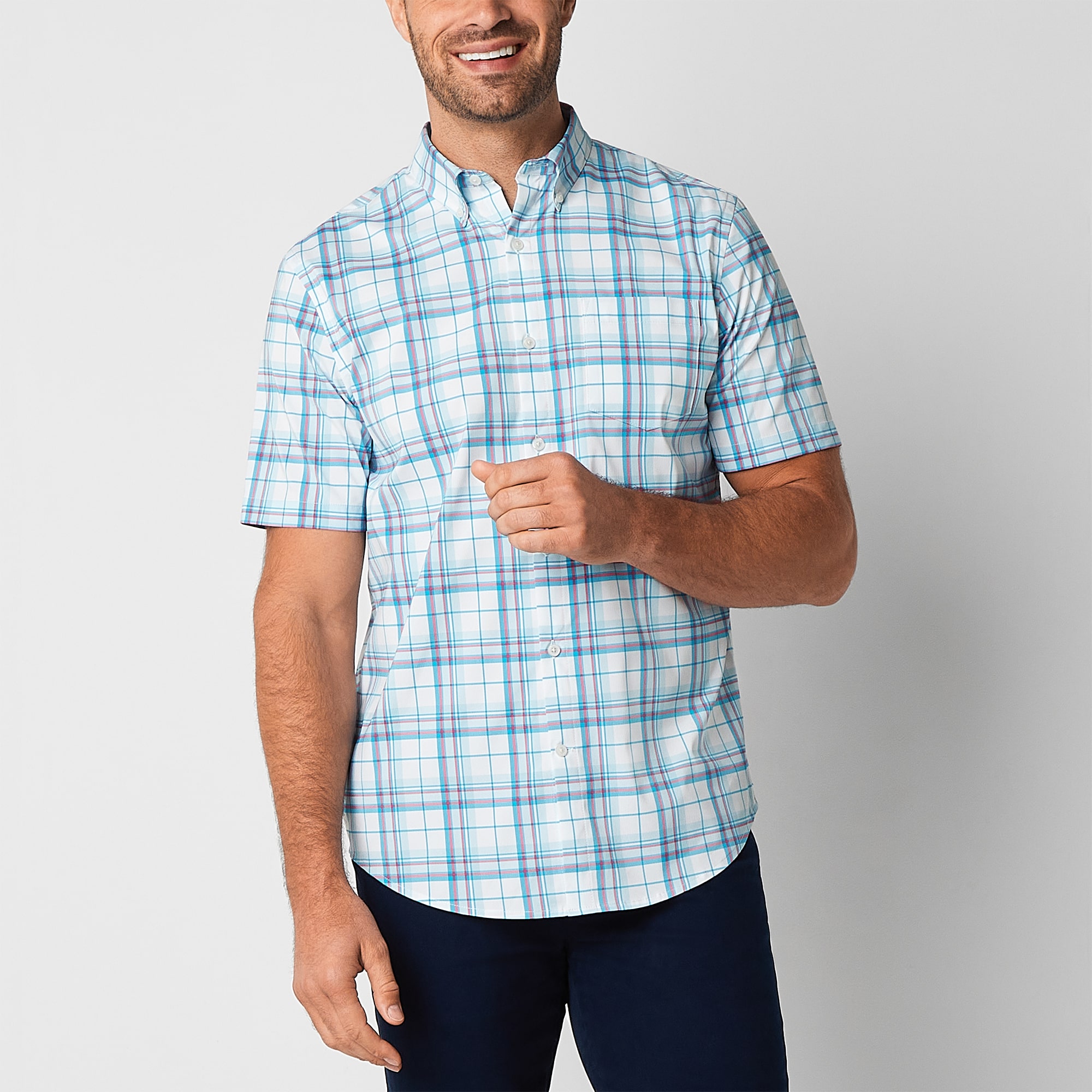 St. John's Bay Performance Mens Short Sleeve Slim Fit Wrinkle Free Button-Down Shirt