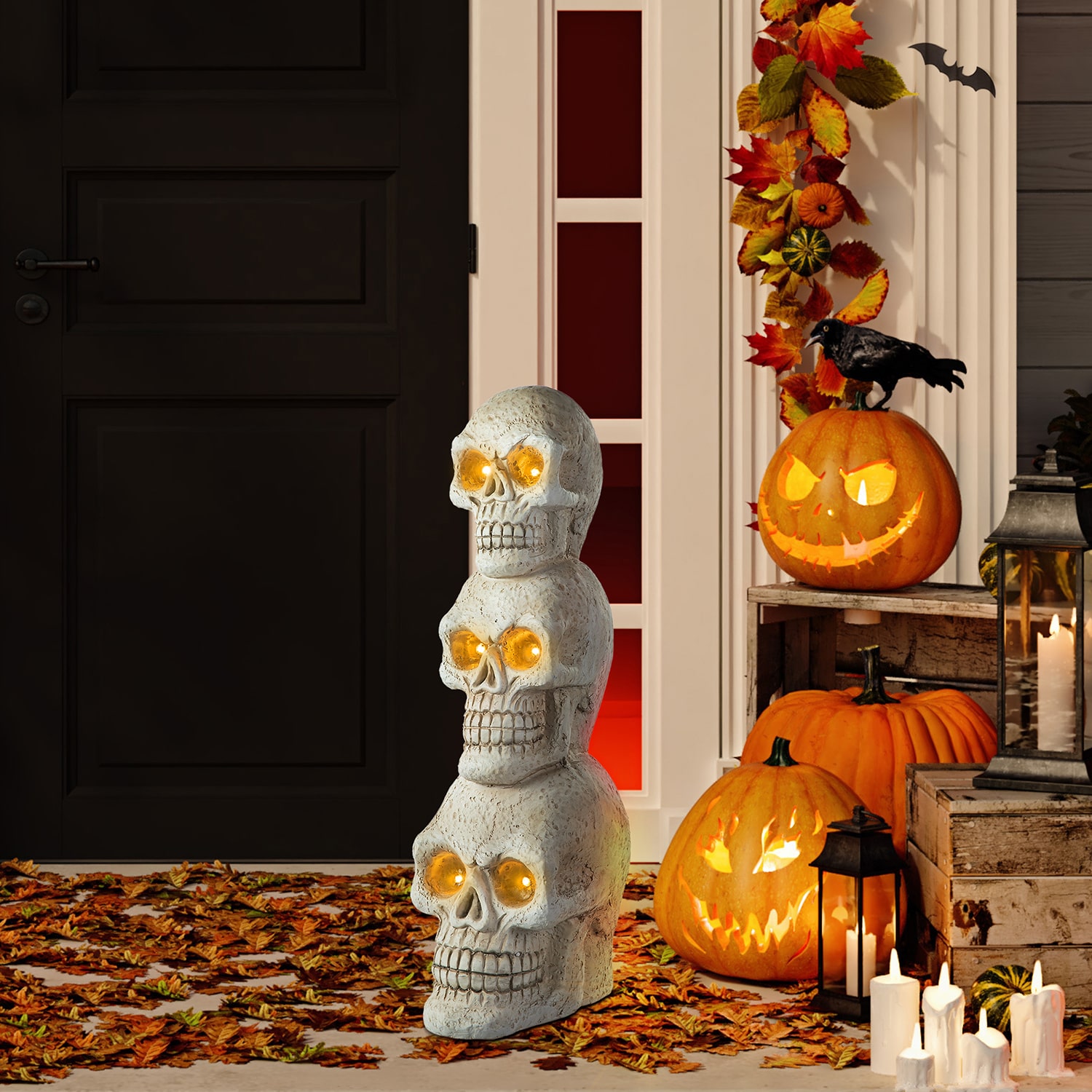 Glitzhome "25.5""Ligted Mgo Skull Porch Decor" Halloween Porch Sign