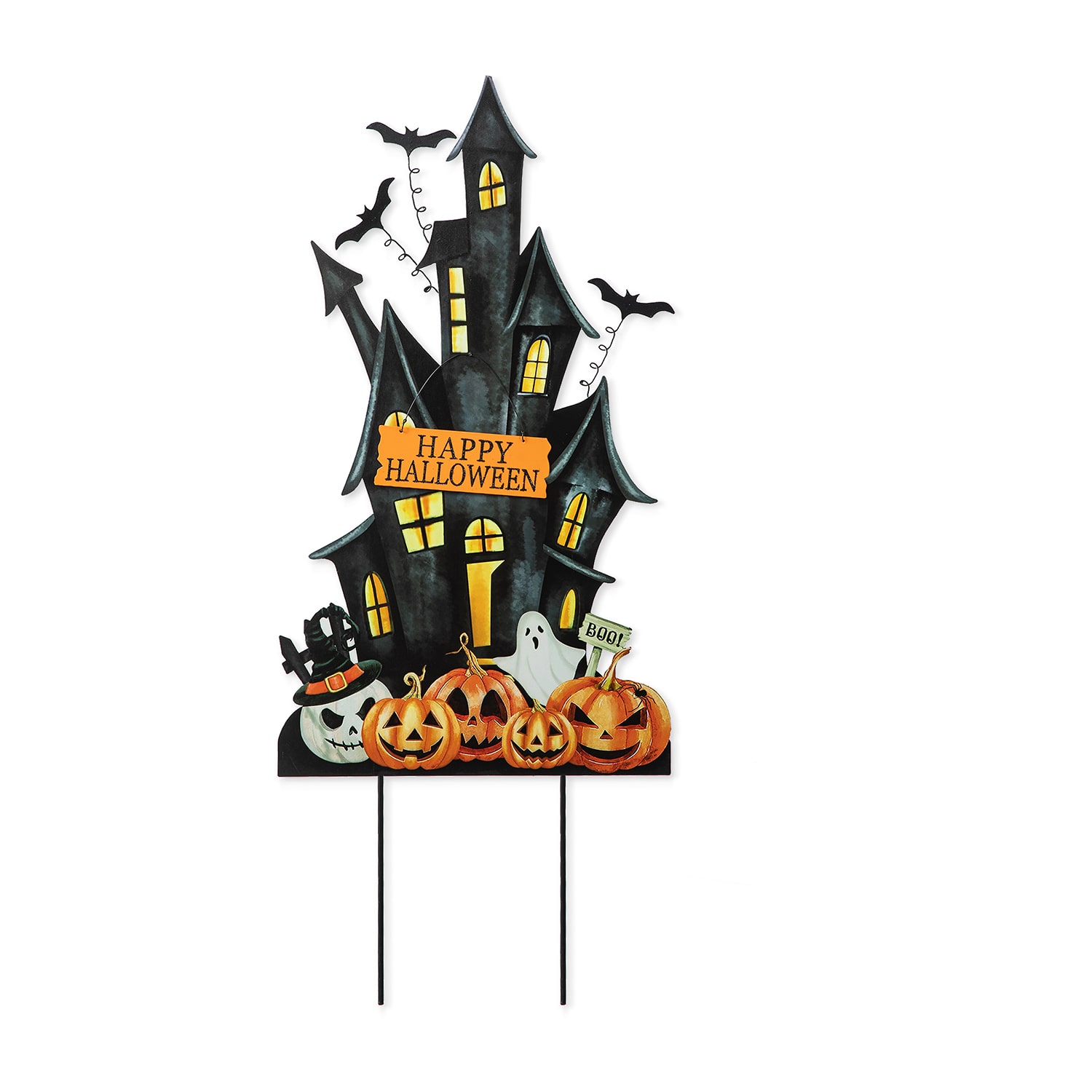 Glitzhome "32"" Metal Haunted House Yard Stake" Halloween Yard Art
