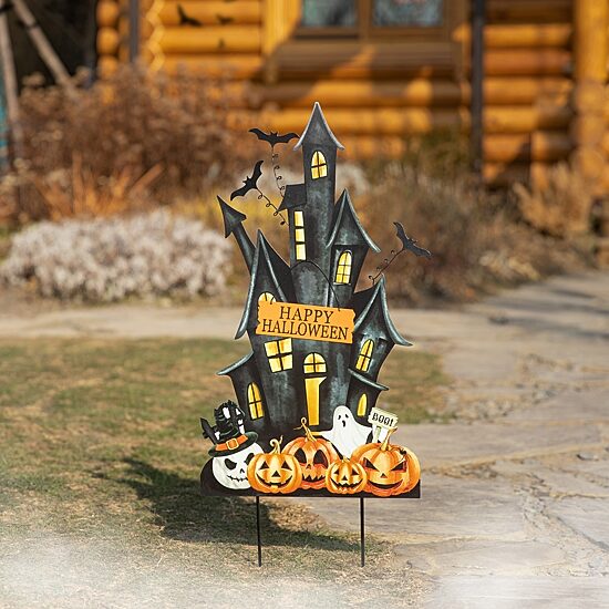 Glitzhome "32"" Metal Haunted House Yard Stake" Halloween Yard Art