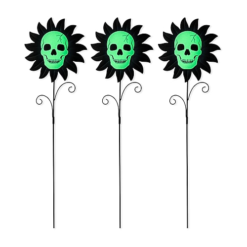 Glitzhome "24""metal Sunflower Skulls Yard Stake" Halloween Yard Art In Black