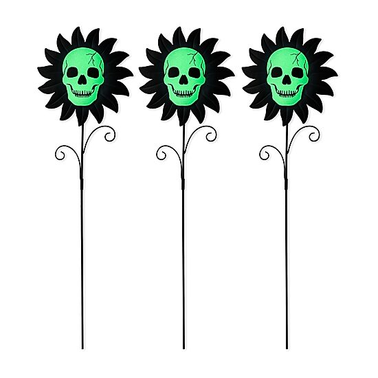 Glitzhome "24""Metal Sunflower Skulls Yard Stake" Halloween Yard Art