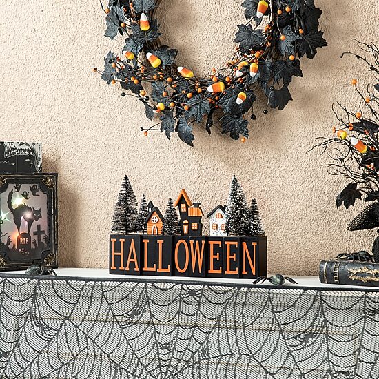Glitzhome 14"Wooden Haunted House Table Sign Halloween Tabletop Decor