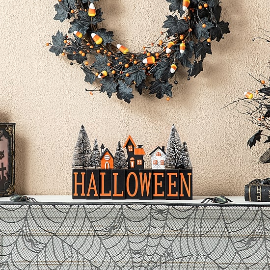 Glitzhome 14"Wooden Haunted House Table Sign Halloween Tabletop Decor
