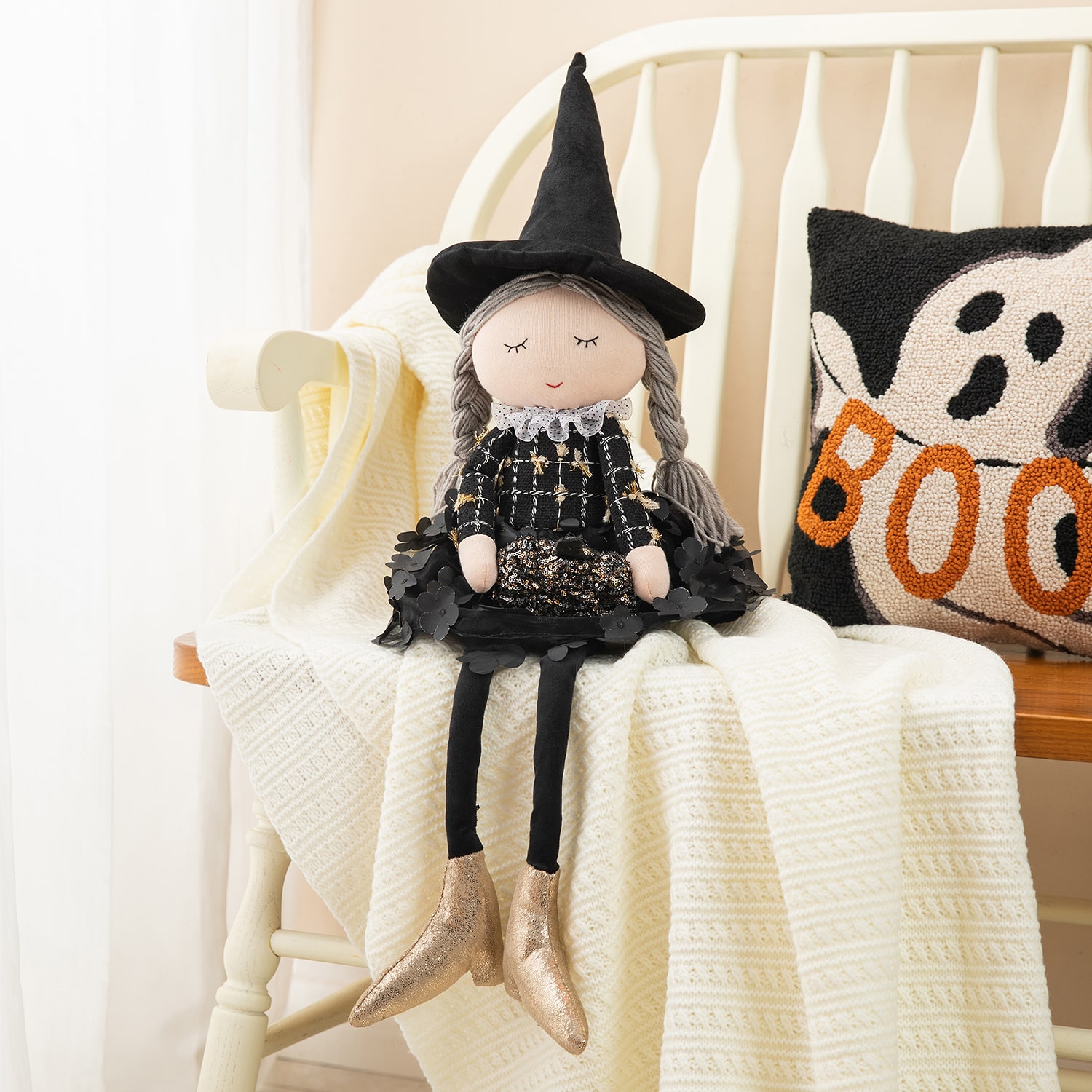 Glitzhome 29" Fabric Dressed Witch Sitter Table Décor Halloween Tabletop Decor
