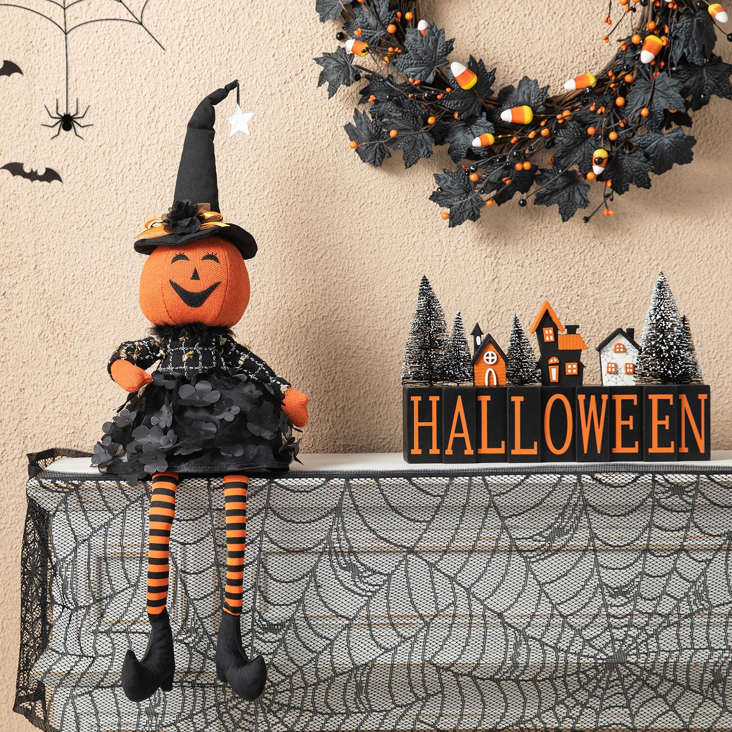 Glitzhome 30" Fabric Dressed Pumpkin Sitter Halloween Tabletop Decor