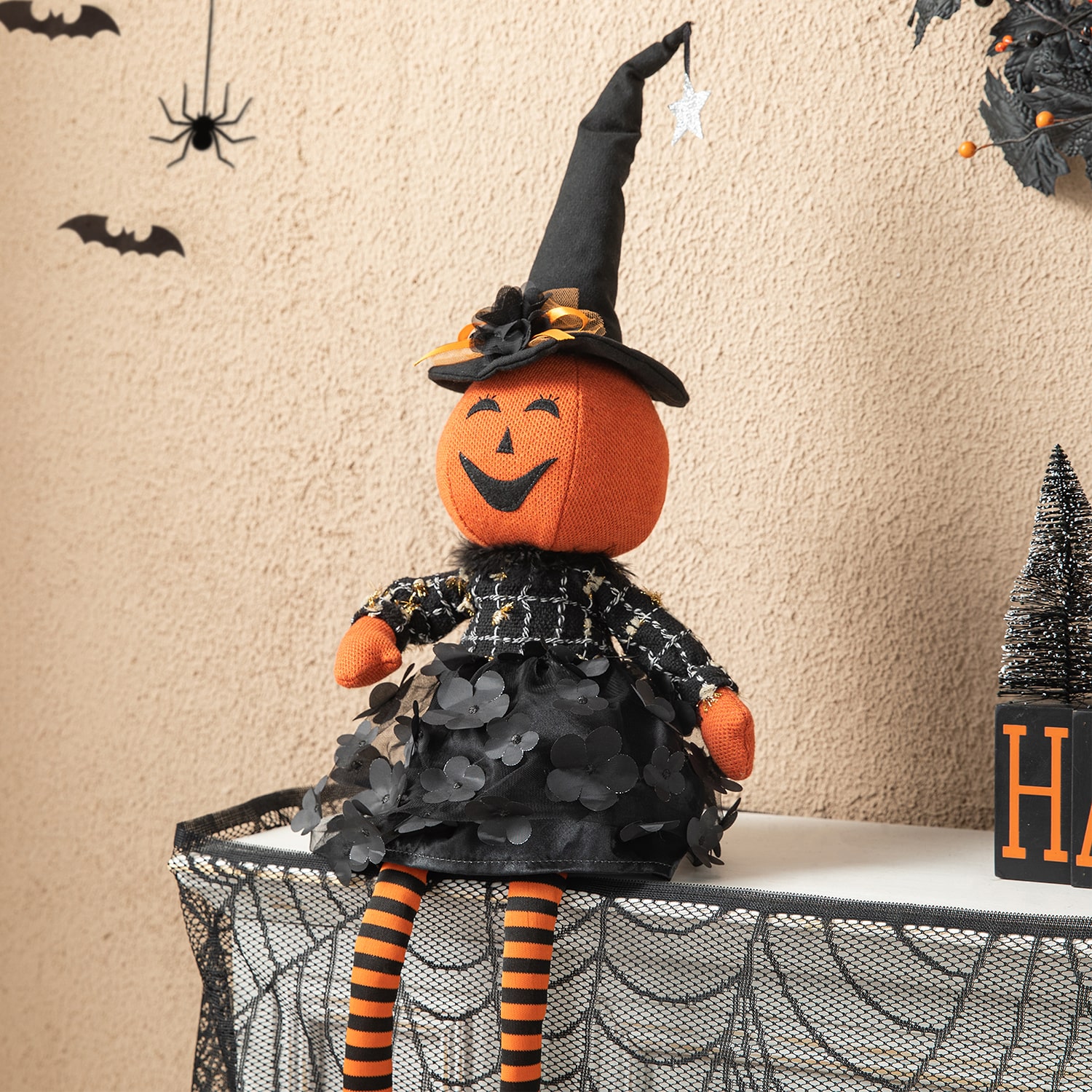Glitzhome 30" Fabric Dressed Pumpkin Sitter Halloween Tabletop Decor