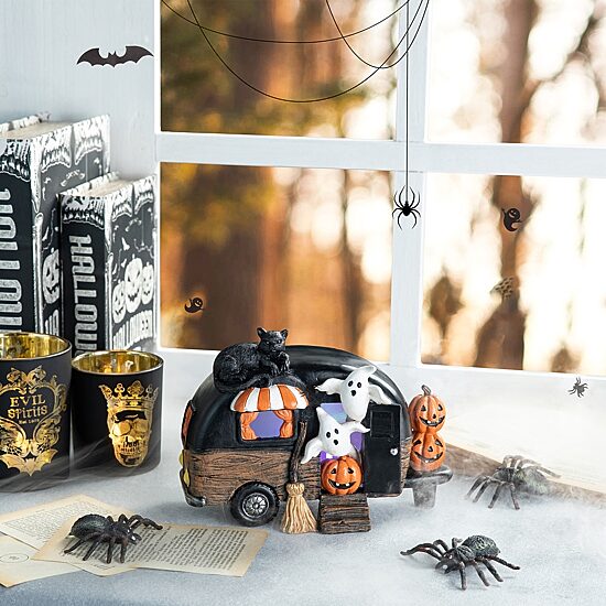 Glitzhome 9.25"Camperw/Ghost & Pumpkin & Cat Table Tabletop Decor