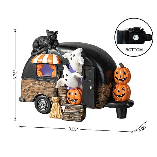 Glitzhome 9.25"Camperw/Ghost & Pumpkin & Cat Table Tabletop Decor