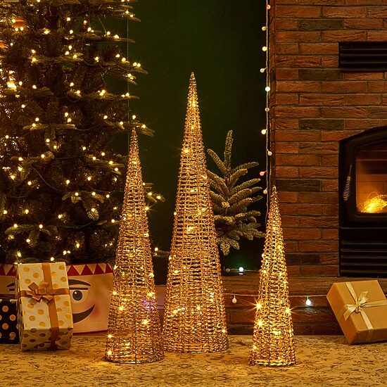 Glitzhome Lighted Plastic Gold Cone Tree Christmas Yard Art