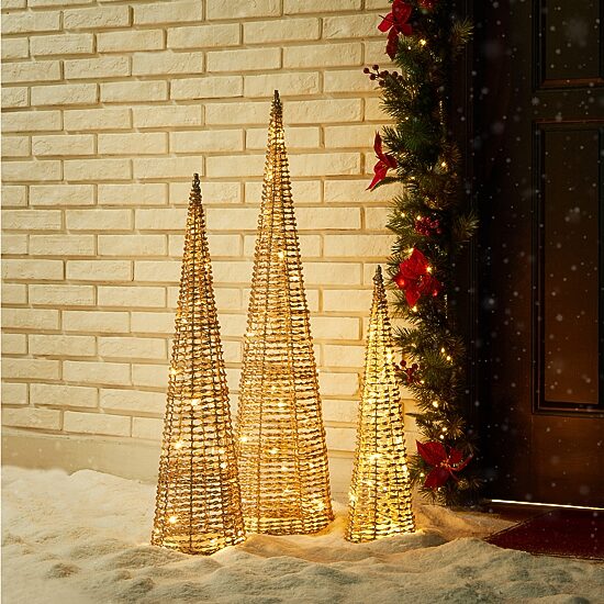 Glitzhome Lighted Plastic Gold Cone Tree Christmas Yard Art